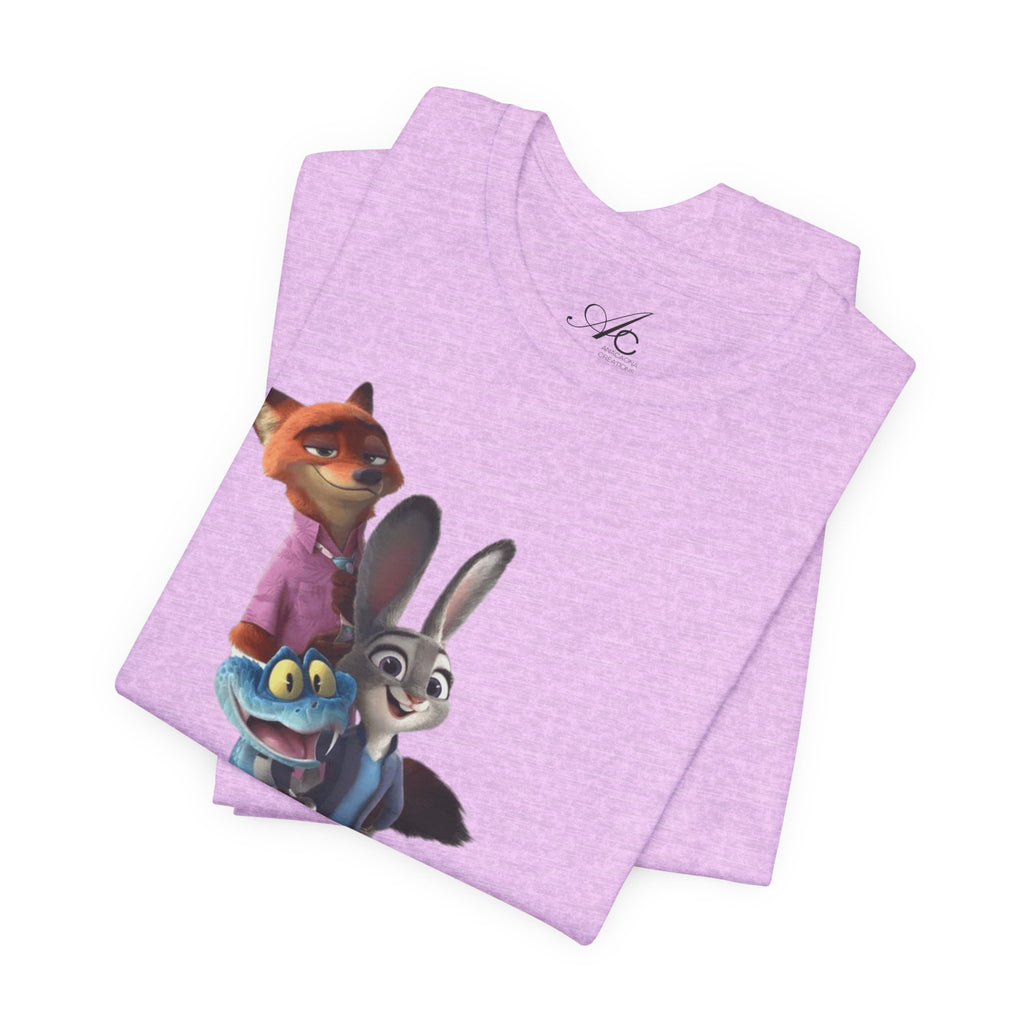 Animated Character Tee — Cute Fox & Bunny Stack Graphic T-Shirt  cartoon-style Christmas artwork