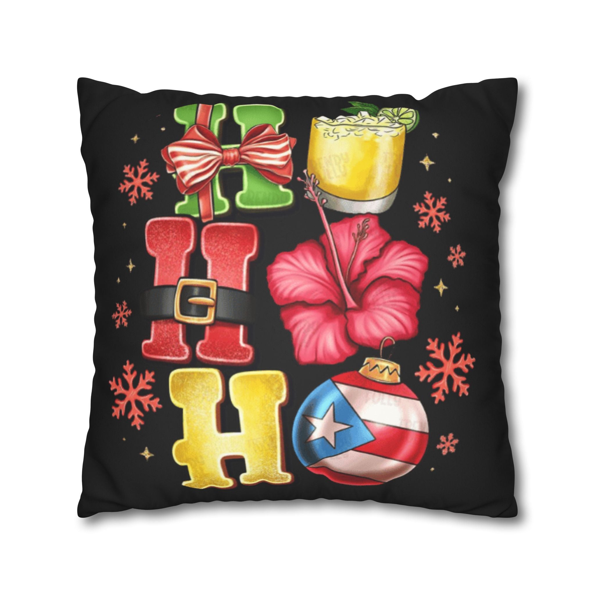 Holiday HOHO Pillow Cover  Puerto Rico Ornament, Hibiscus & Coquito Christmas Throw Pillowcase