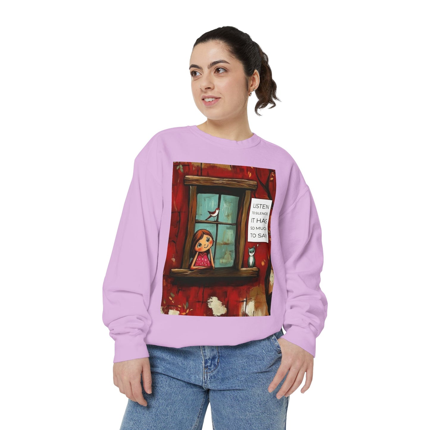 Cozy Window Scene Sweatshirt  "Listen, It Has So Much to Say" Graphic