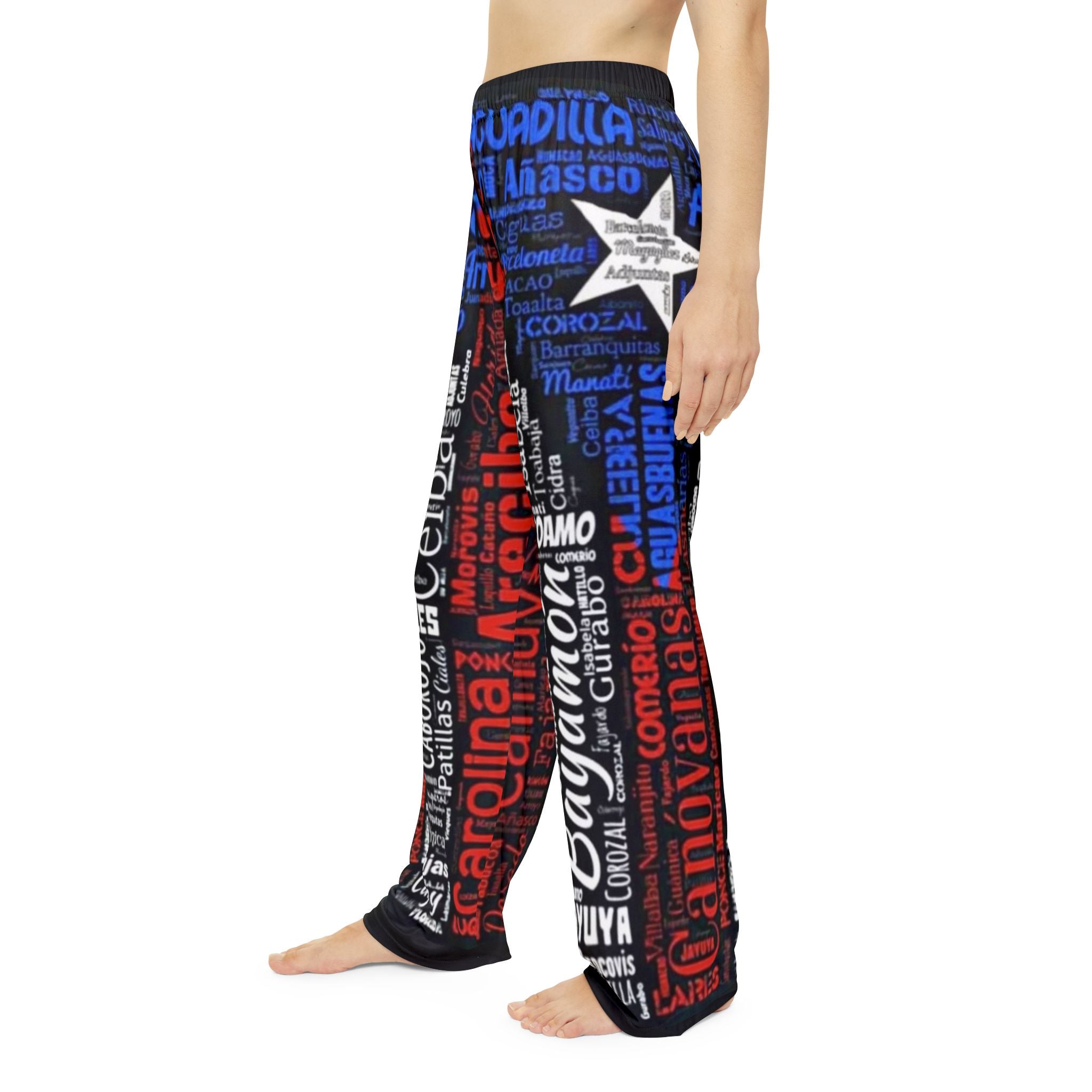 Puerto Rico Wordcloud Pajama Pants — Red White & Blue Island City Names  Puerto Rico–inspired Christmas pajamas
