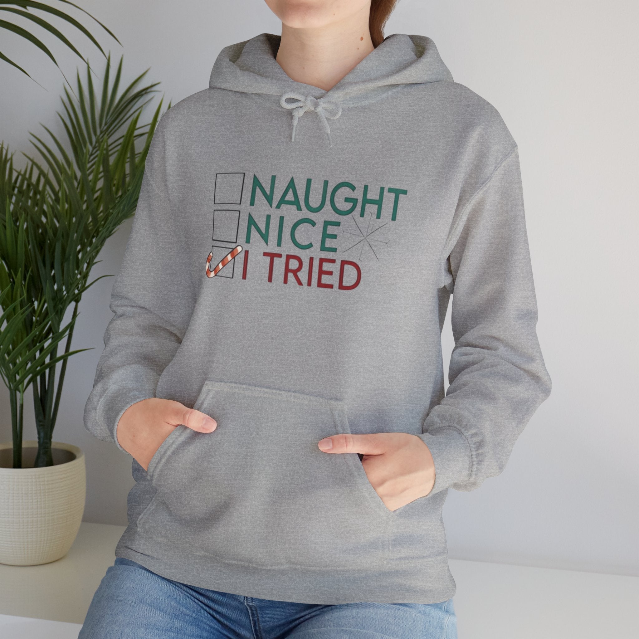 Holiday Hoodie — "Naughty, Nice, I Tried" Funny Christmas Sweatshirt
