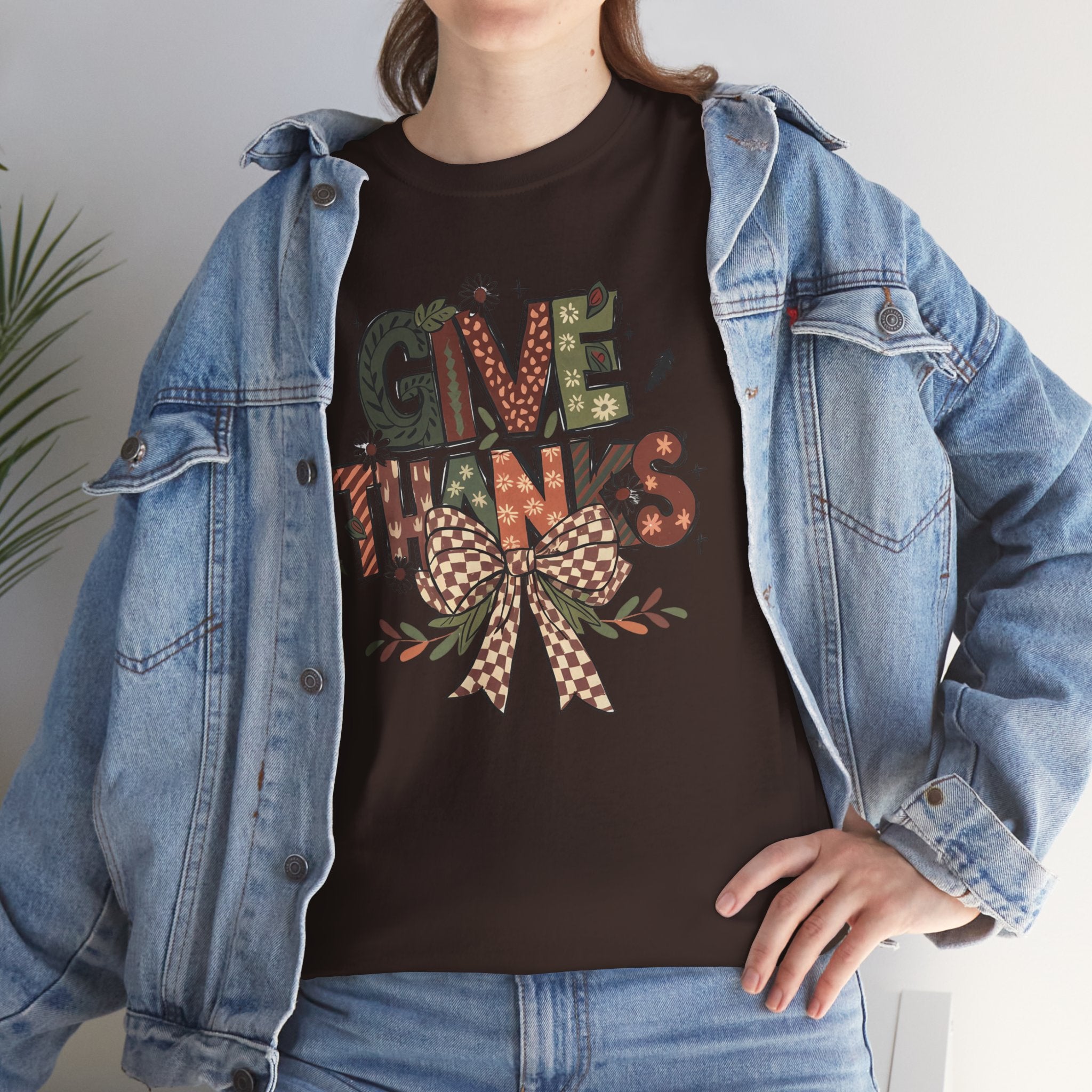 Give Thanks Tee Thanksgiving Graphic T-Shirt with Rustic Bow Design