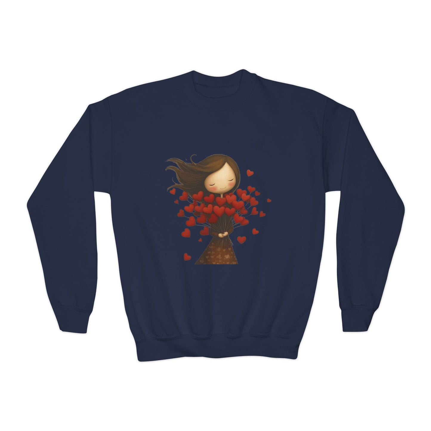 Youth Sweatshirt  Cute Girl with Heart Shower "Love Bug" Crewneck