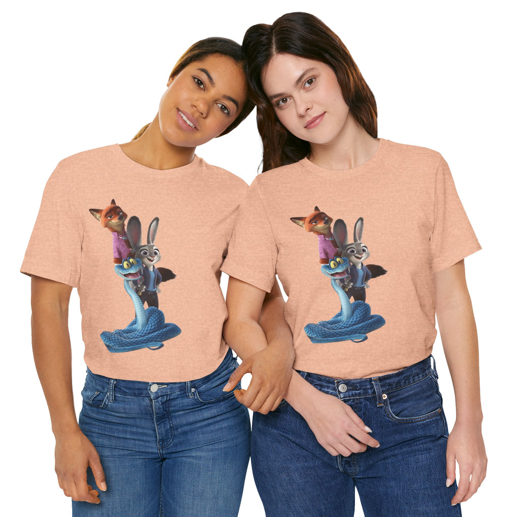 Animated Character Tee — Cute Fox & Bunny Stack Graphic T-Shirt  cartoon-style Christmas artwork