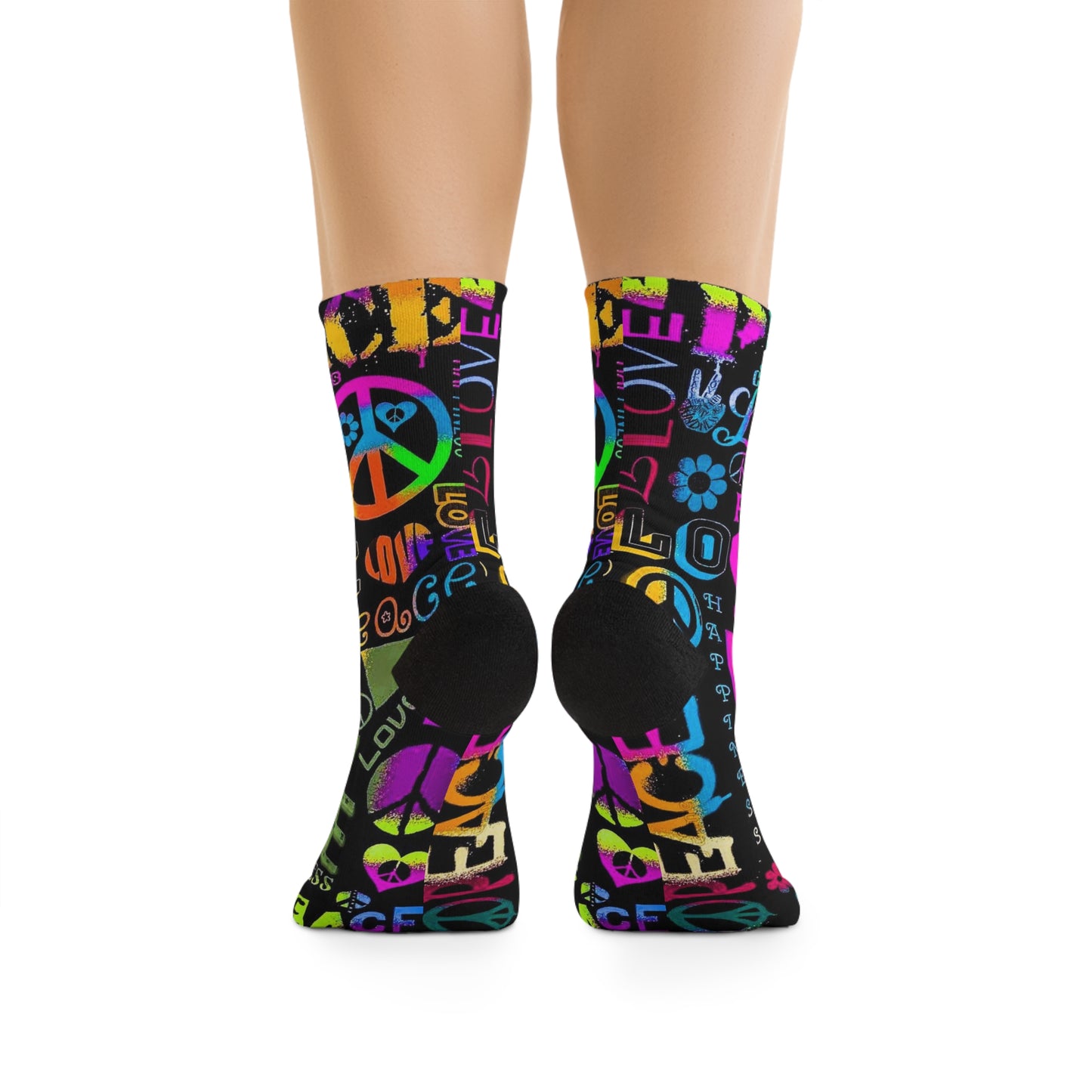 Retro Peace & Love Crew Socks – Colorful Hippie Symbols