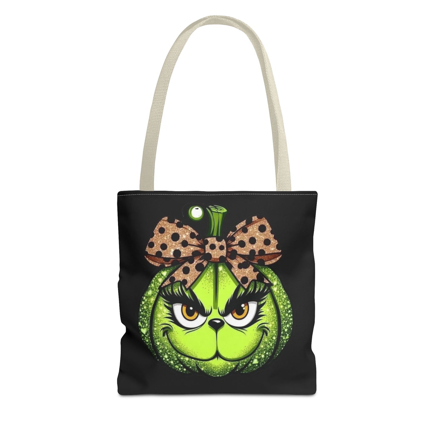 Grinch-Inspired Tote Bag with Polka Dot Bow Christmas Tote Bag Festive Holiday Design