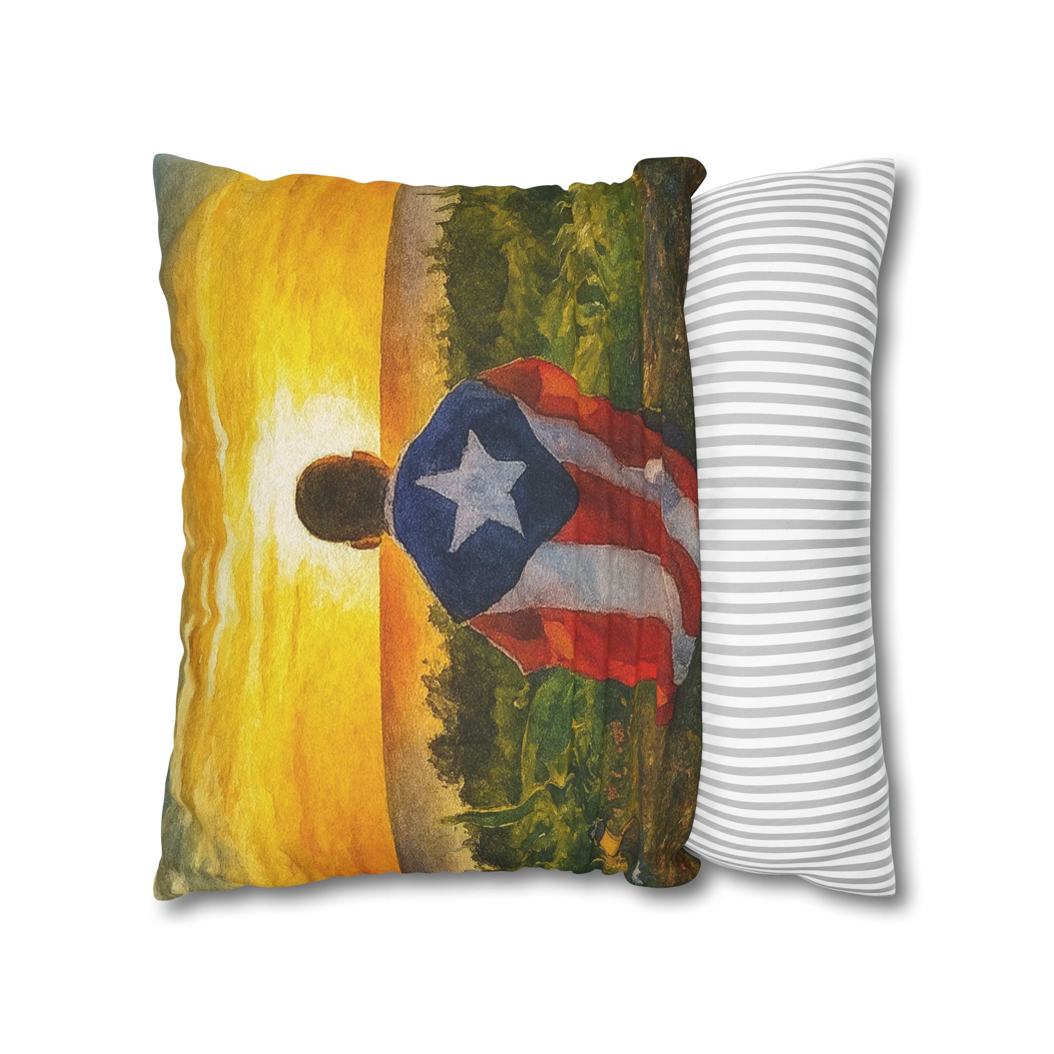 Puerto Rican Flag Sunset Pillowcase  Boy Draped in Puerto Rico Flag Decorative Throw Pillow Puerto Rico Culture Pillow