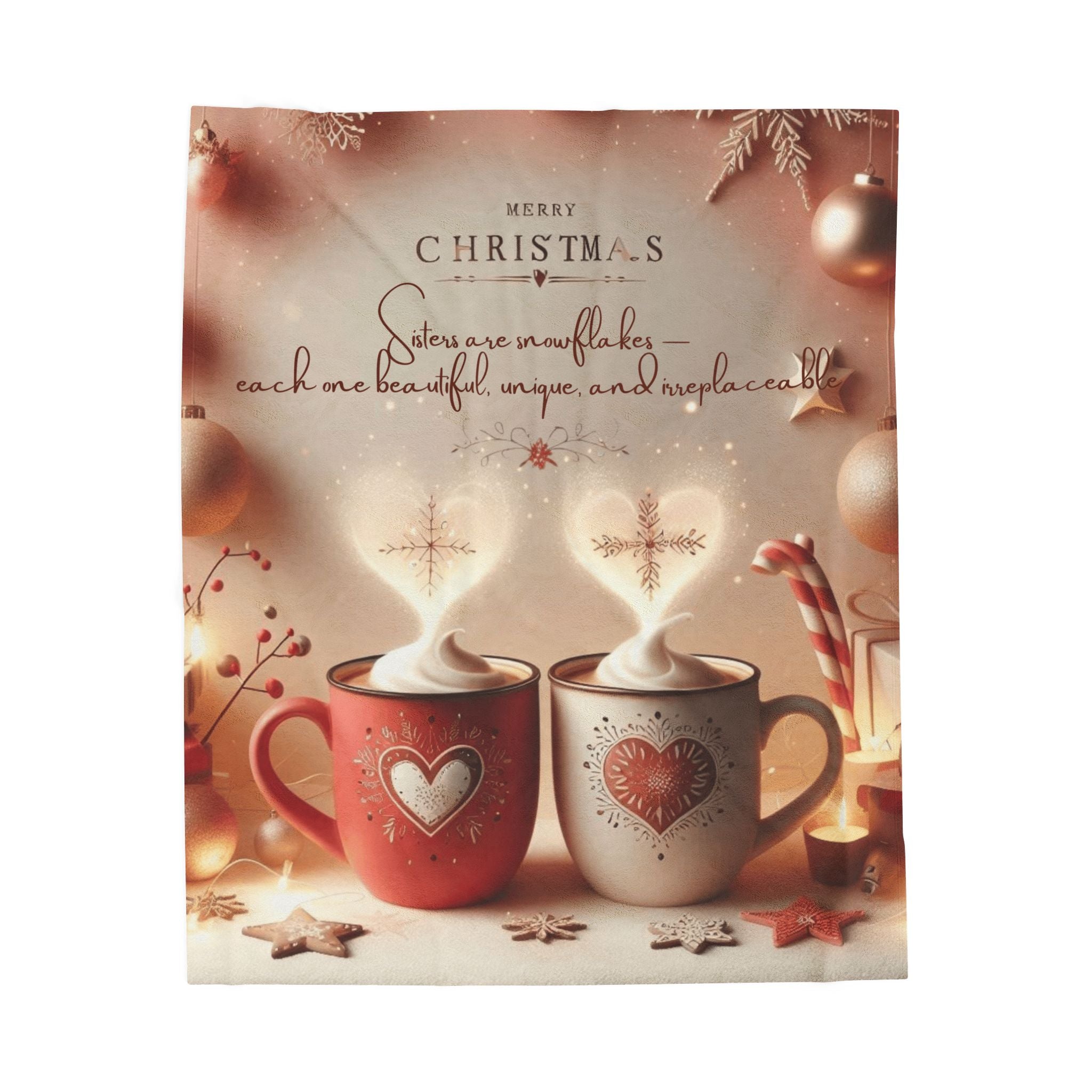 Christmas Hot Cocoa Velveteen Plush Blanket — "Merry Christmas: Sisters are snowflakes" Holiday Throw
