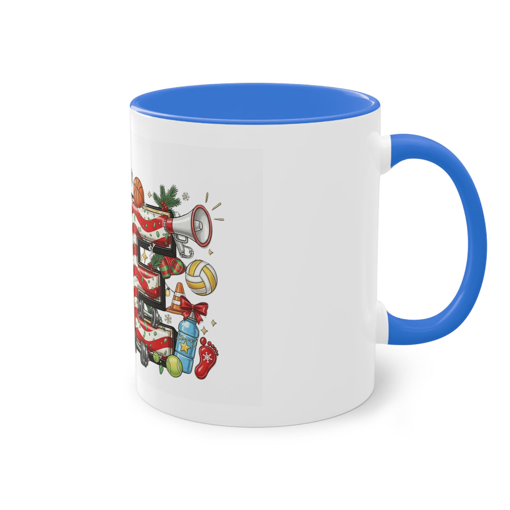 Holiday Sports Mom Coffee Mug Festive 'PE' Candy-Stripe Design, 11oz Two-Tone School Staff Christmas Mug Collection,