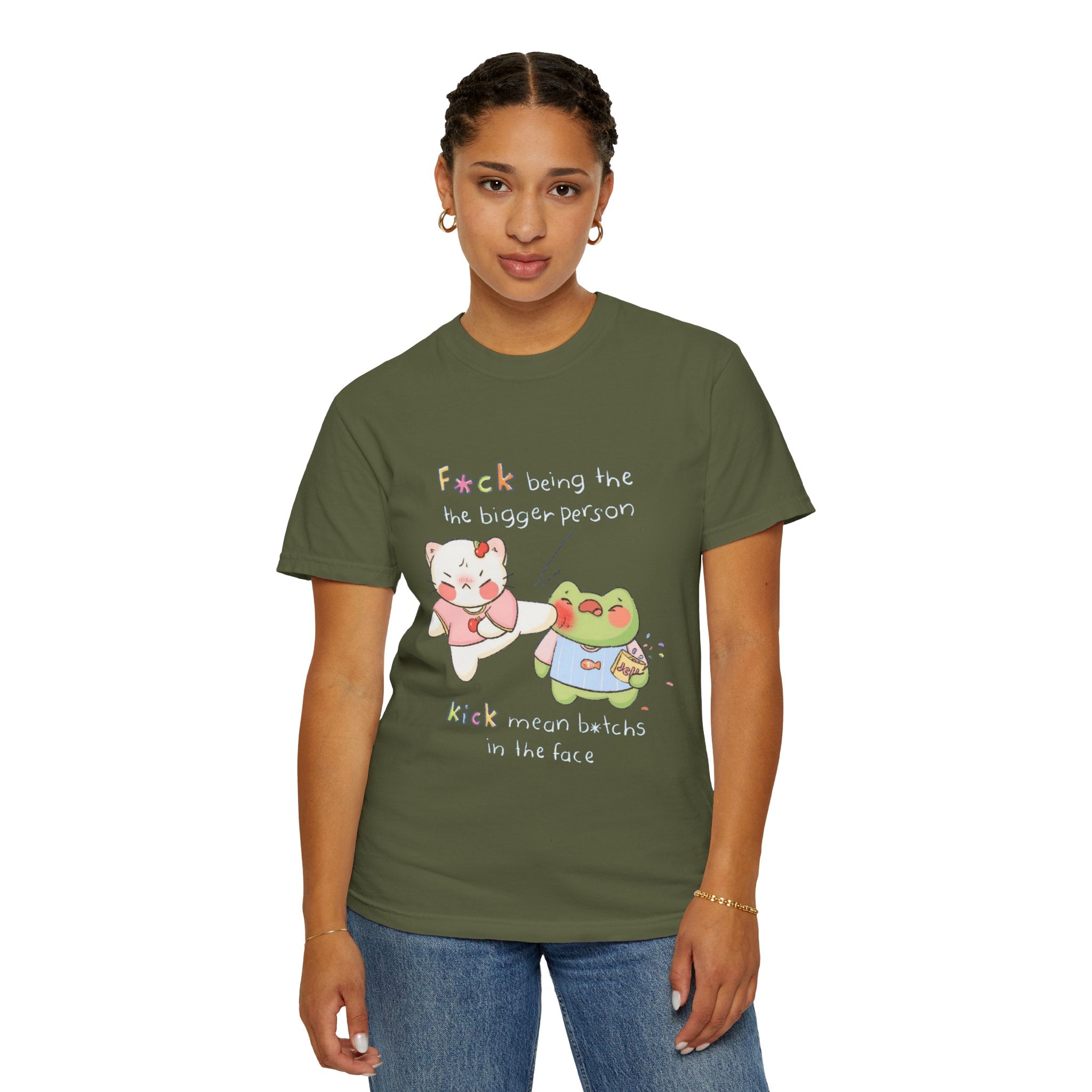 Graphic T-Shirt  Cute Kicking Cat & Frog with 'F*ck Being The Bigger Person' Slogan