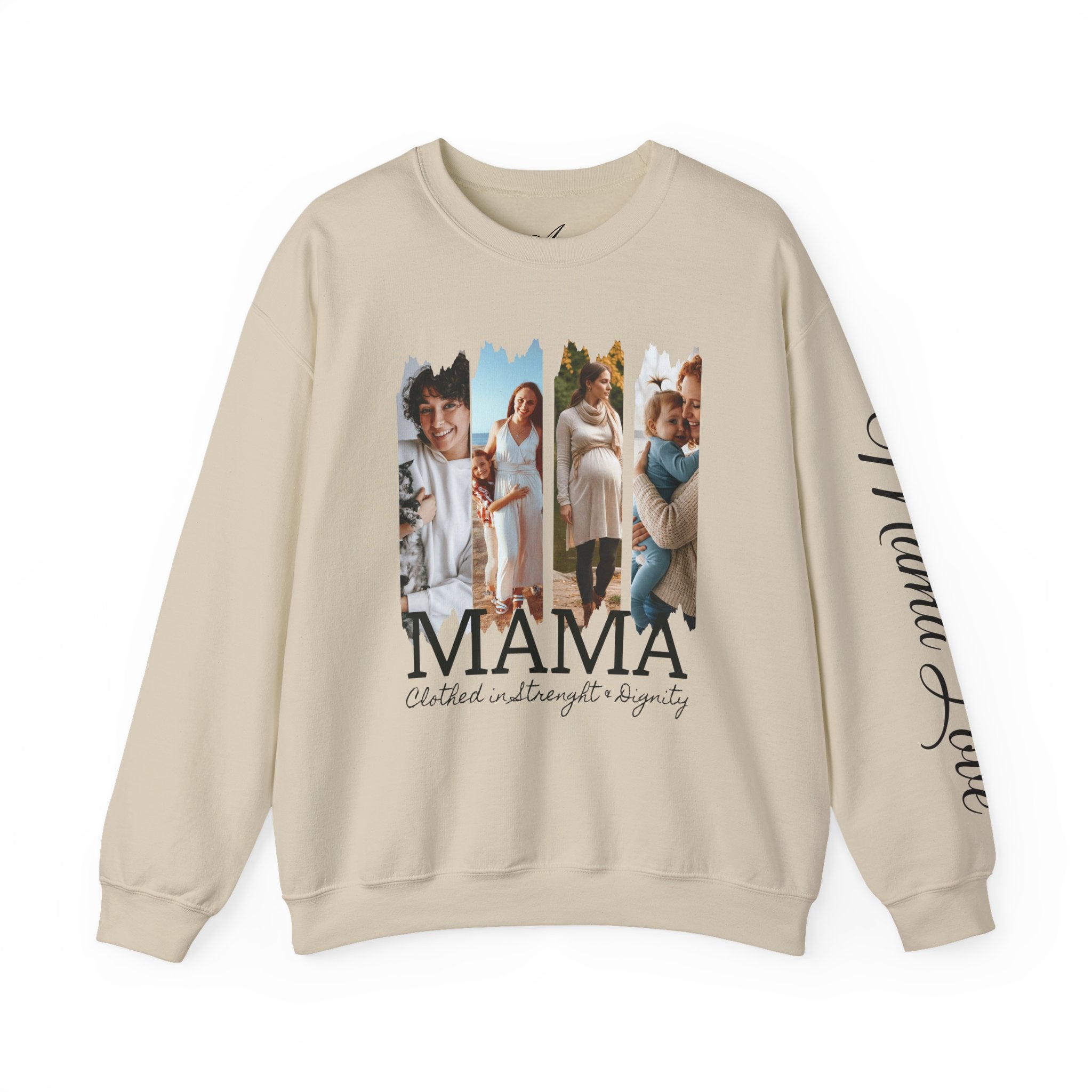 Mama Photo Collage Sweatshirt — "MAMA: clothed in strength & dignity" Sleeve Script