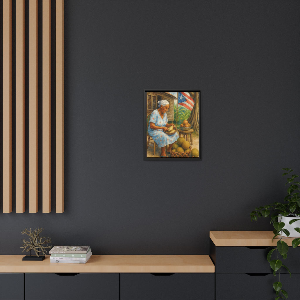 Cultural & Story-Driven These Puerto Rico inspired  Framed Matte Canvas Print  Woman Shelling Fruit Vintage Tropical Painting