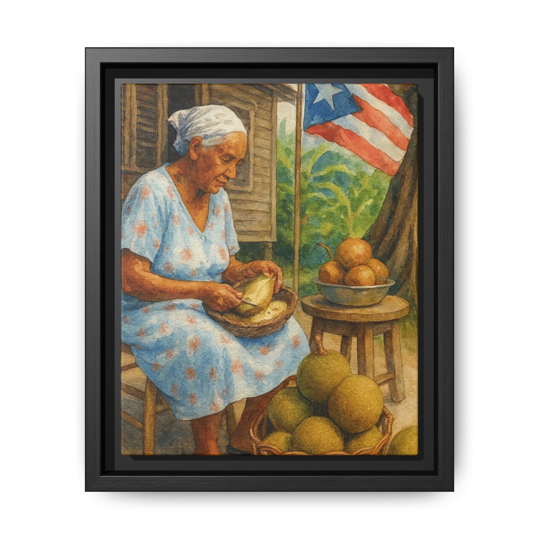 Cultural & Story-Driven These Puerto Rico inspired  Framed Matte Canvas Print  Woman Shelling Fruit Vintage Tropical Painting
