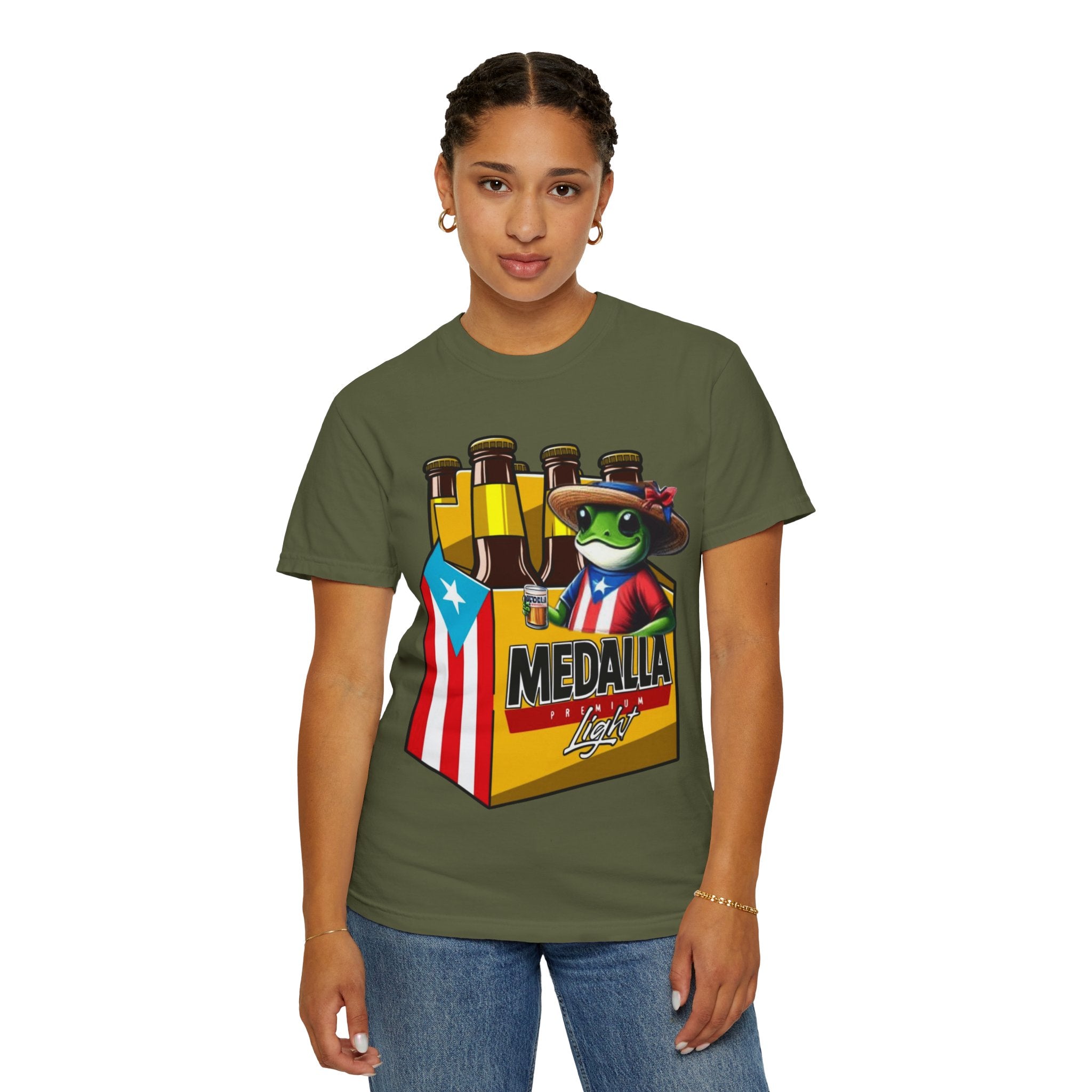 Medalla Light Puerto Rican Beer T-Shirt Coqui Frog Mascot Six-Pack Graphic Tee Puerto Rico’s Navidades