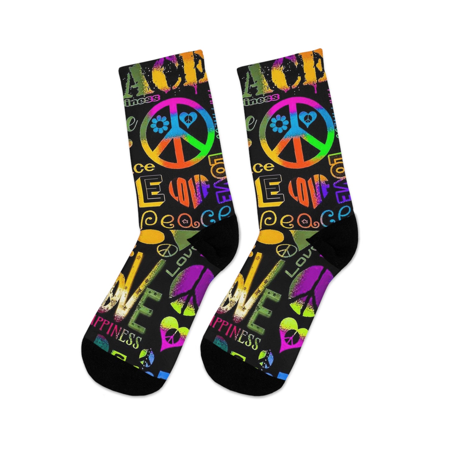 Retro Peace & Love Crew Socks – Colorful Hippie Symbols