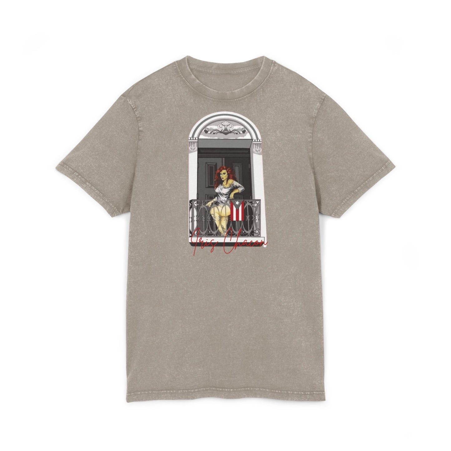 Iris Chacon Orgullo Boricua Chic Acid Washed Tee featuring Balcony Art, Stylish Casual T-Shirt, Graphic Tee for Art Lovers, Cozy Summer Top,