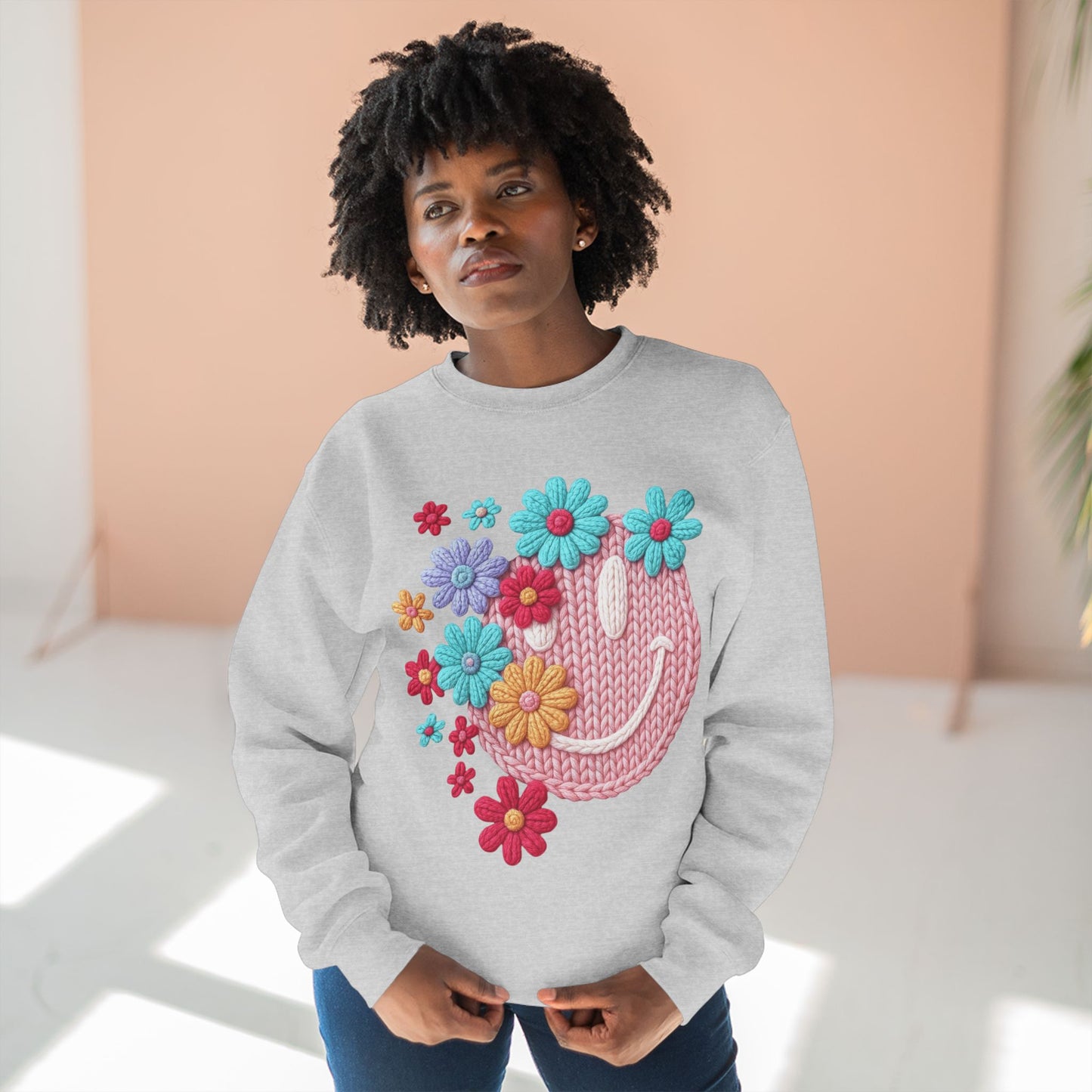 Floral Knit Smile Sweatshirt Cozy, Unbothered