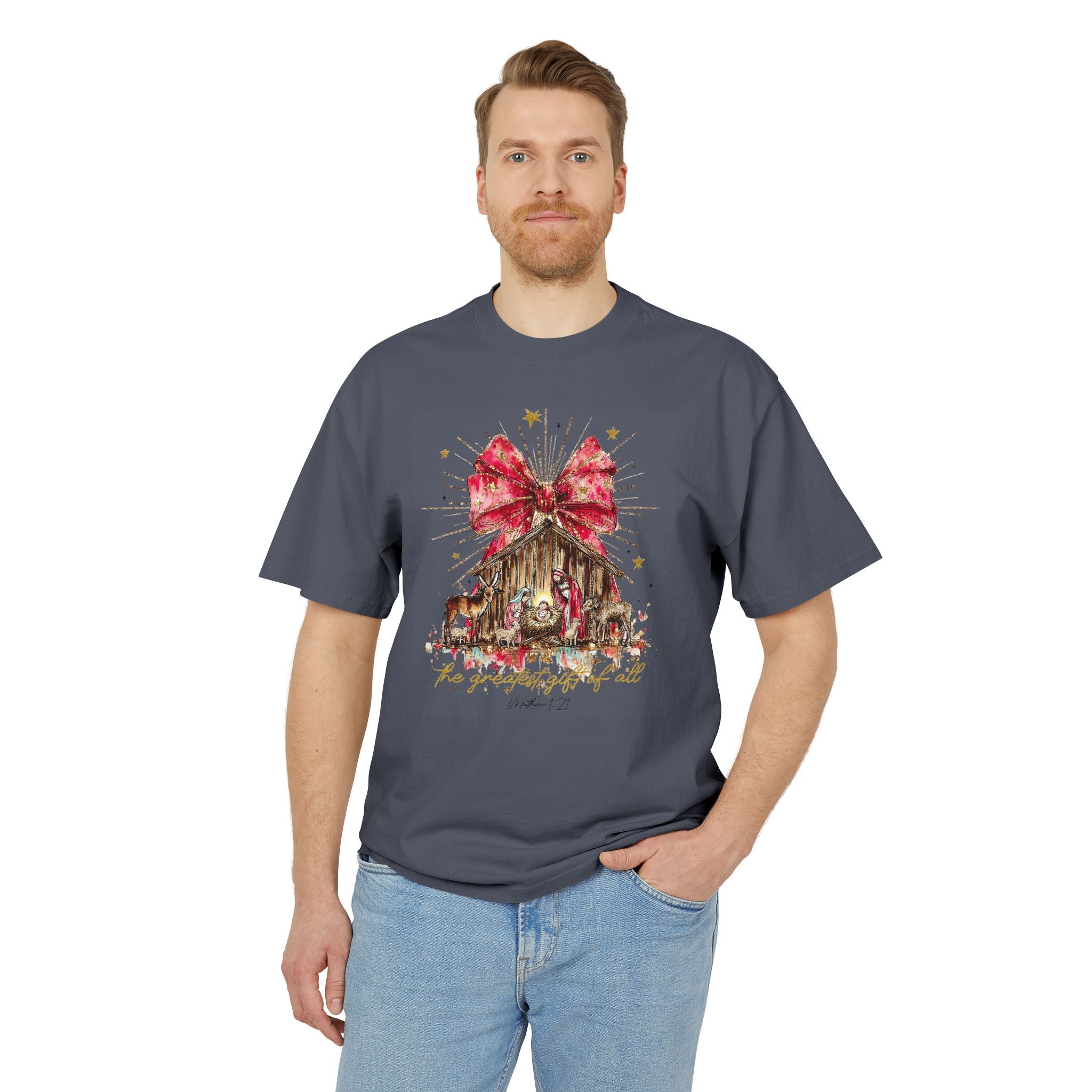 Christmas Nativity Tee  Rustic Manger with Red Bow Holiday T‑Shirt Christmas T-shirts and sweaters