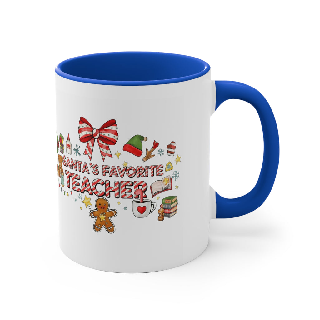 A festive Christmas mug for teachers who inspire hearts and minds all year long.  “Santa’s Favorite Teacher” 11oz Accent Coffee Cup