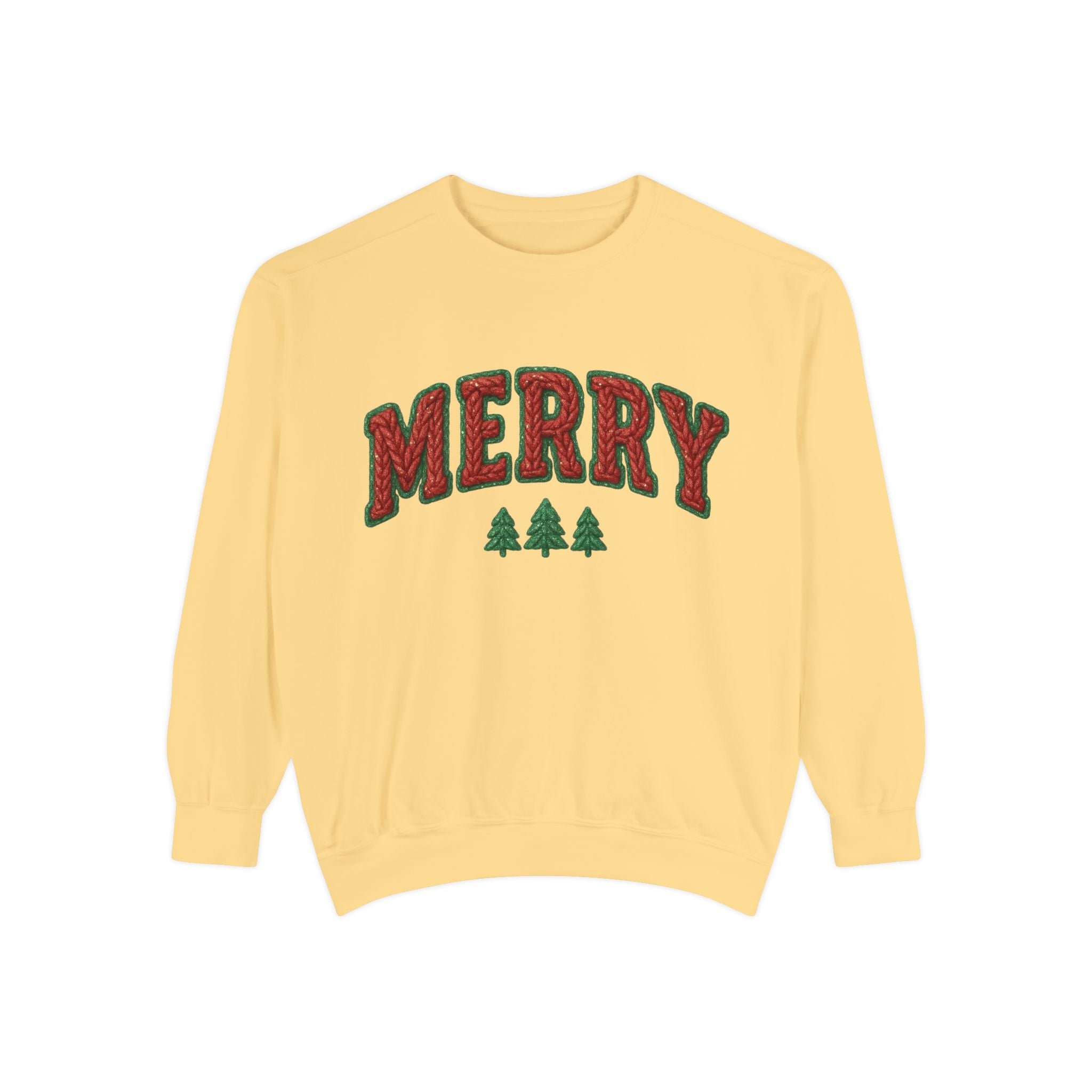 Merry Holiday Sweatshirt — Cozy Christmas Pullover with Tree Graphics Festive Holiday Designs