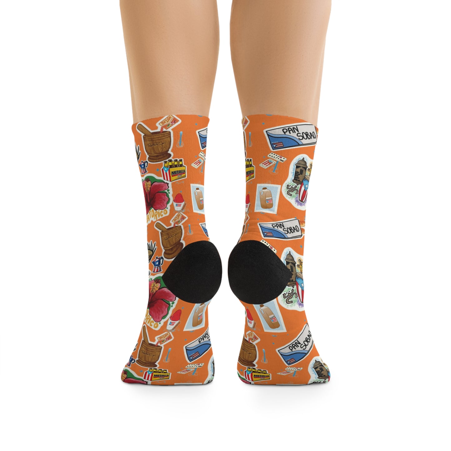 Navidad en Puerto Rico Travel Sticker Crew Socks — Bright Orange Vintage Passport & Hibiscus Pattern