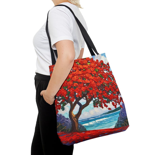 Red Blossom Beach Tote - Tropical Tree Art All-Over Print Tote Bag Crochet-Decorated Tote Bags