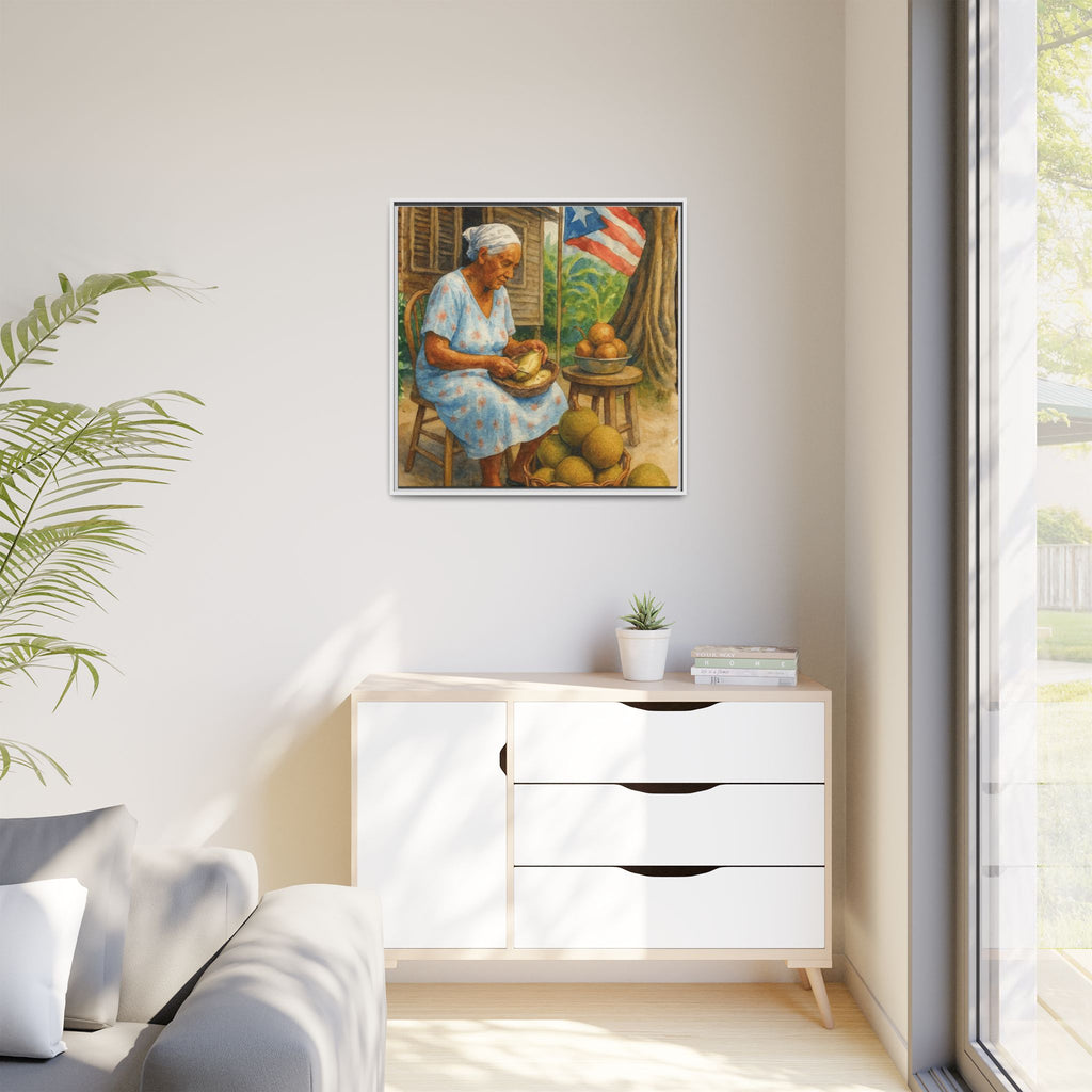 Cultural & Story-Driven These Puerto Rico inspired  Framed Matte Canvas Print  Woman Shelling Fruit Vintage Tropical Painting