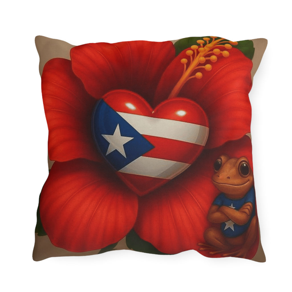 Puerto Rico Heart Flag Outdoor Pillow — Coquí & Hibiscus Patio Cushion Puerto Rico Culture Pillow