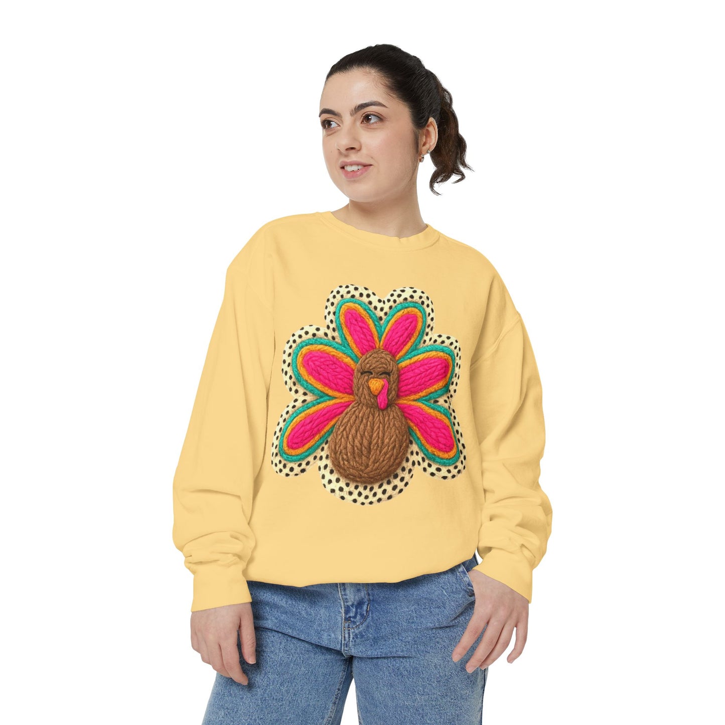 Festive Holiday Designs Turkey Patch Sweatshirt — Colorful Embroidered Thanksgiving Pullover