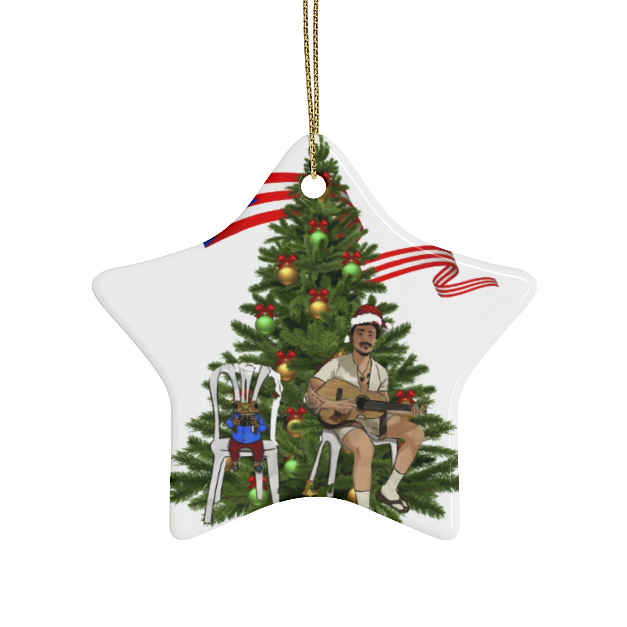 Puerto Rican Christmas Ornament Coquí & Palm Tree Ornament  Festive Tree with Guitarist Ceramic Heart Ornament