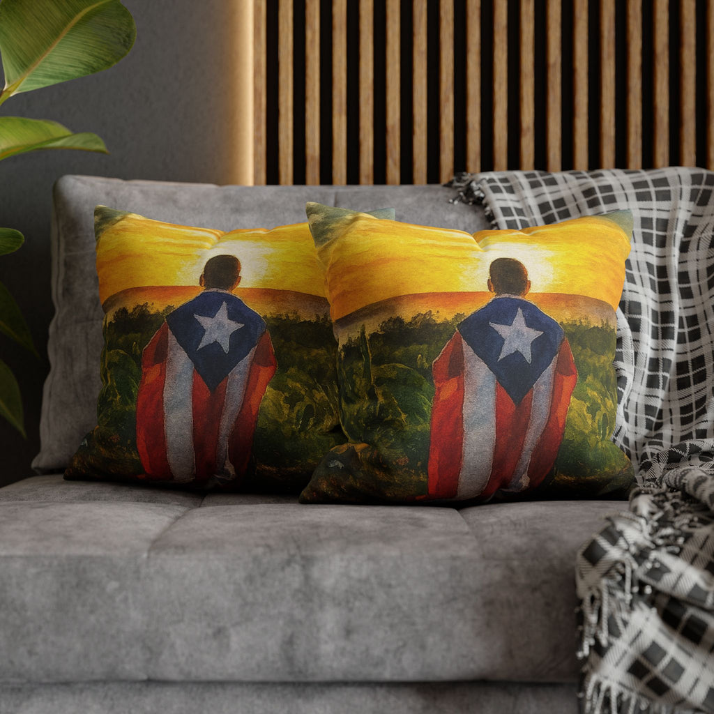 Puerto Rican Flag Sunset Pillowcase  Boy Draped in Puerto Rico Flag Decorative Throw Pillow Puerto Rico Culture Pillow