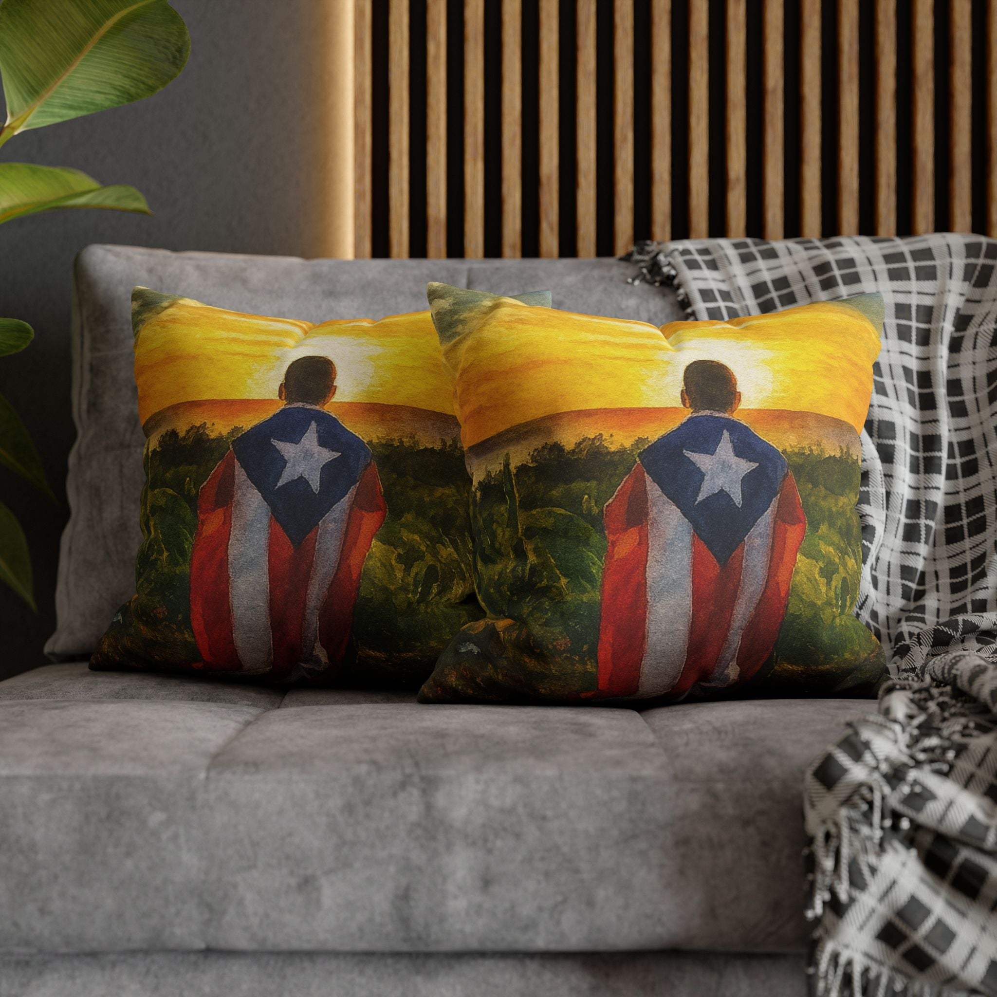 Puerto Rican Flag Sunset Pillowcase  Boy Draped in Puerto Rico Flag Decorative Throw Pillow Puerto Rico Culture Pillow