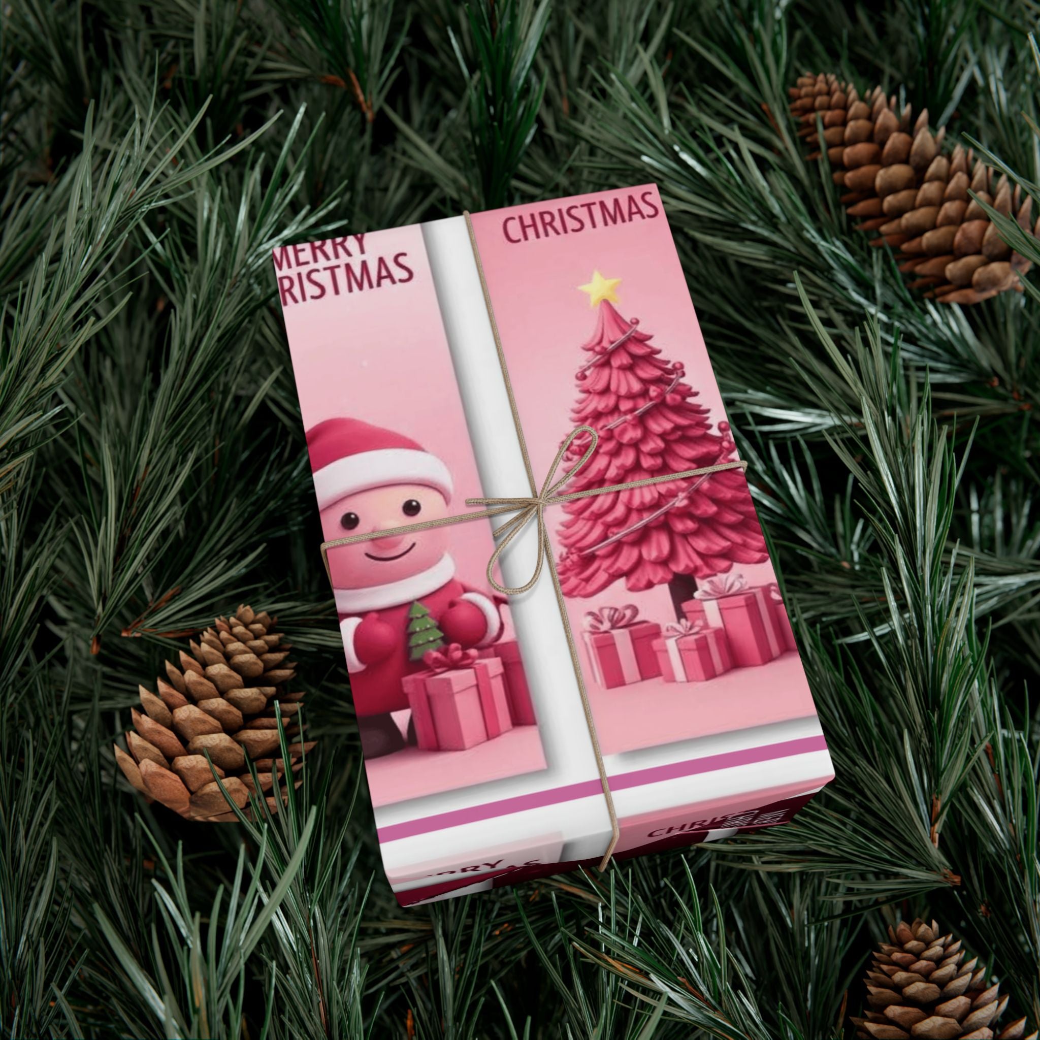 Christmas Gift Wrap Paper - Pink Merry Christmas Star & Tree Holiday Wrapping Sheets