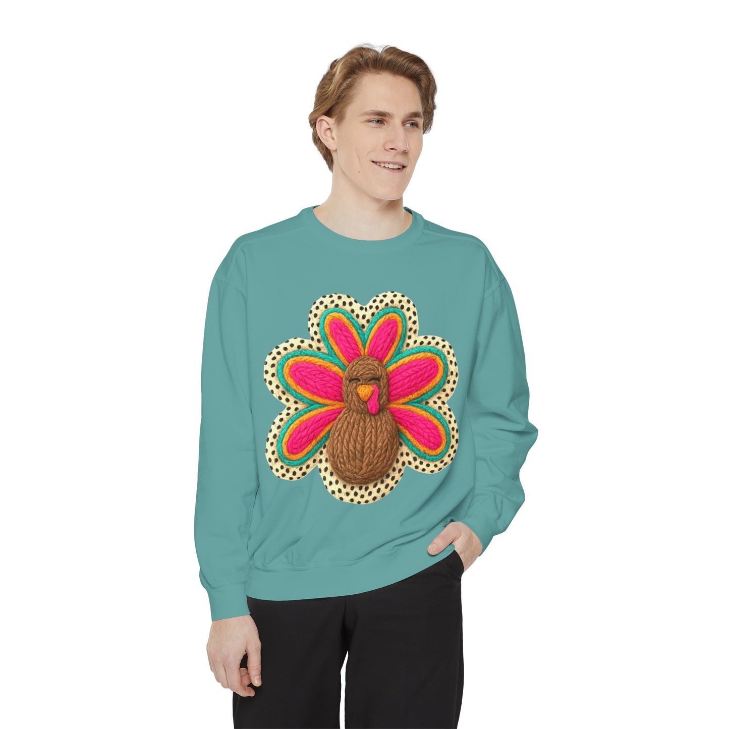 Festive Holiday Designs Turkey Patch Sweatshirt — Colorful Embroidered Thanksgiving Pullover