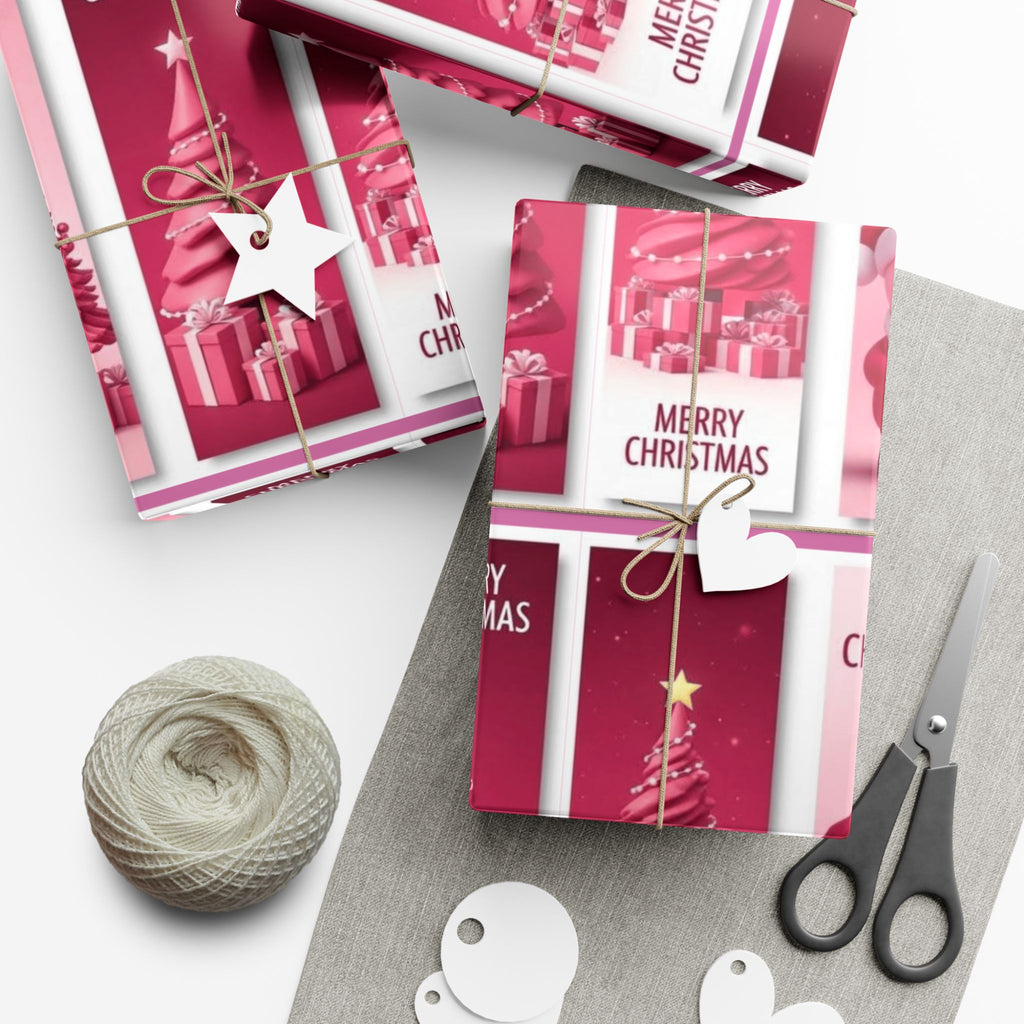 Christmas Gift Wrap Paper - Pink Merry Christmas Star & Tree Holiday Wrapping Sheets