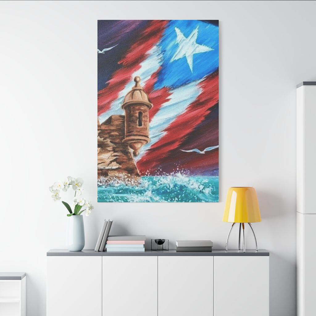 Patriotic Castillo Canvas Wall Art – Puerto Rico Flag Coastal Fortress Print