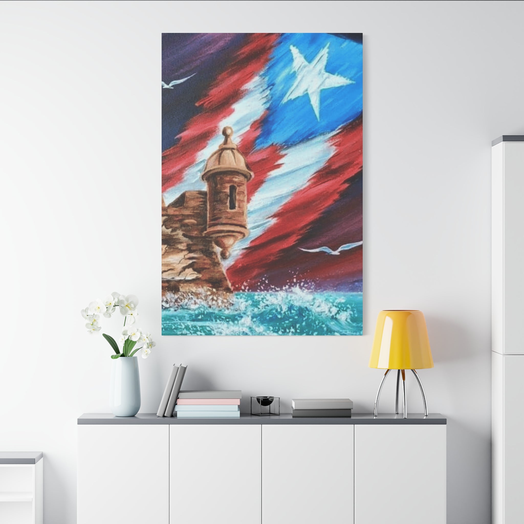 Patriotic Castillo Canvas Wall Art – Puerto Rico Flag Coastal Fortress Print