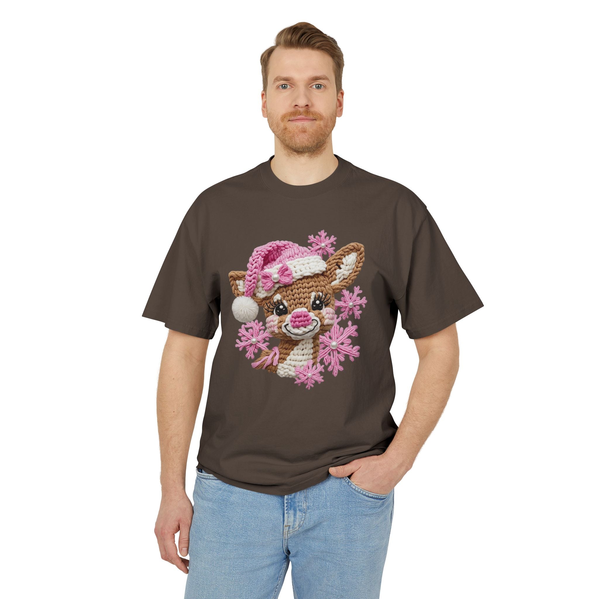 Cute Reindeer Tee — Pink Santa Hat & Snowflakes Holiday T-Shirt  cartoon-style Christmas artwork