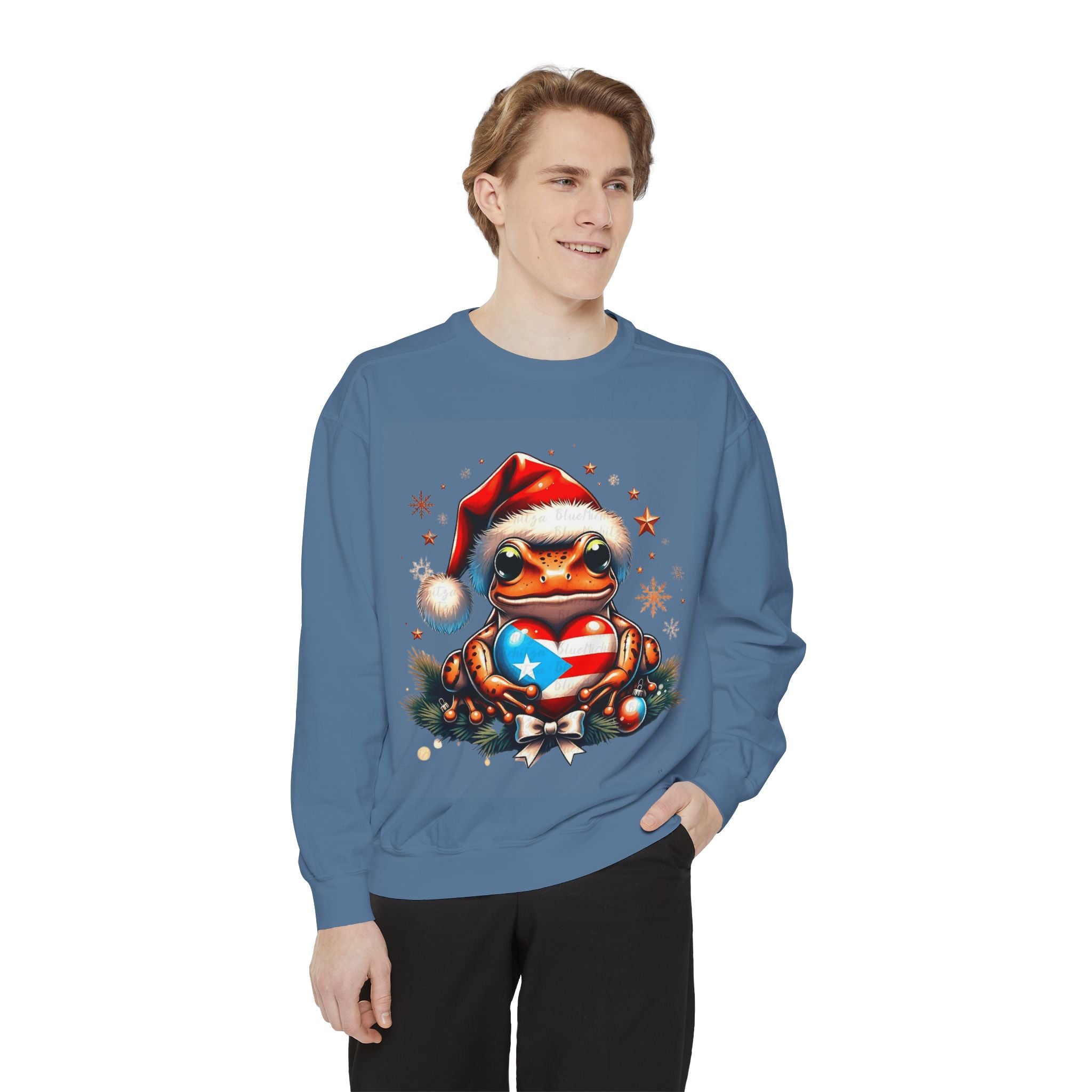 Christmas Coqui Sweatshirt — Cute Santa Frog Holding Ornament Holiday Sweater