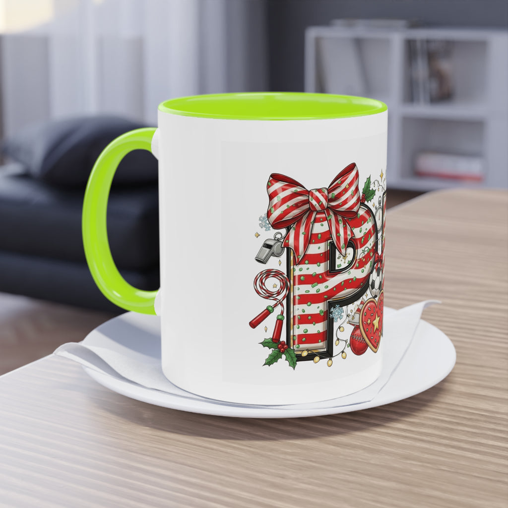 Holiday Sports Mom Coffee Mug Festive 'PE' Candy-Stripe Design, 11oz Two-Tone School Staff Christmas Mug Collection,