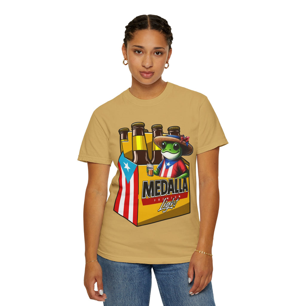 Medalla Light Puerto Rican Beer T-Shirt Coqui Frog Mascot Six-Pack Graphic Tee Puerto Rico’s Navidades
