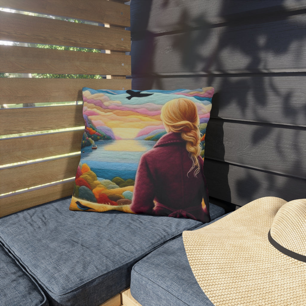 Scenic Lakeview Outdoor Pillow — Woman Overlooking Colorful Sunset Landscape