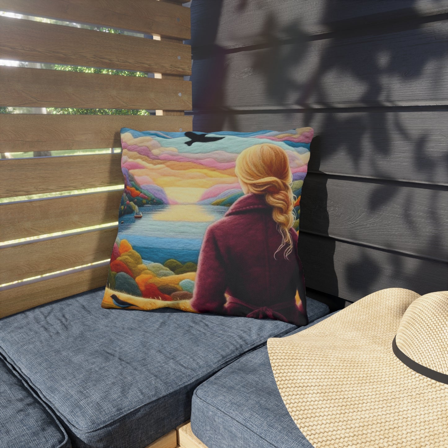 Scenic Lakeview Outdoor Pillow — Woman Overlooking Colorful Sunset Landscape