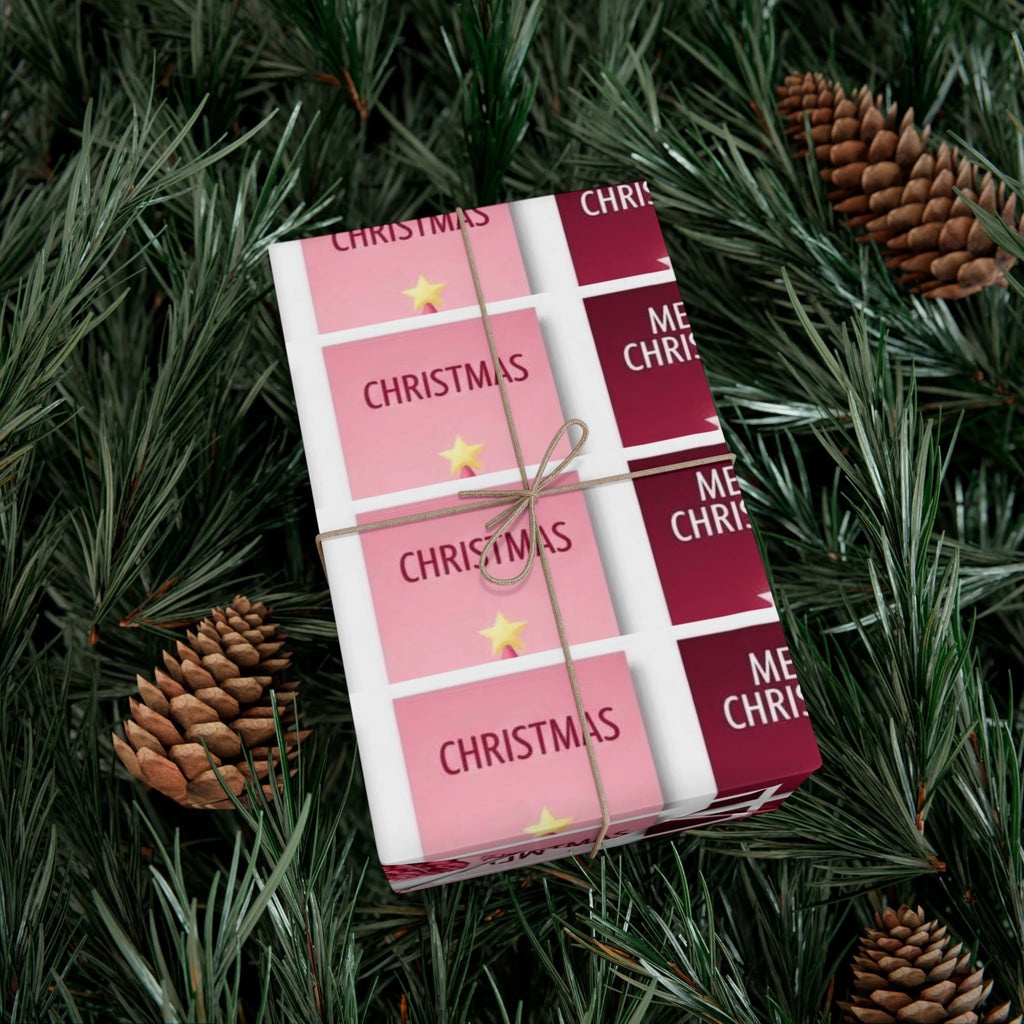 Christmas Gift Wrap Paper - Pink Merry Christmas Star & Tree Holiday Wrapping Sheets