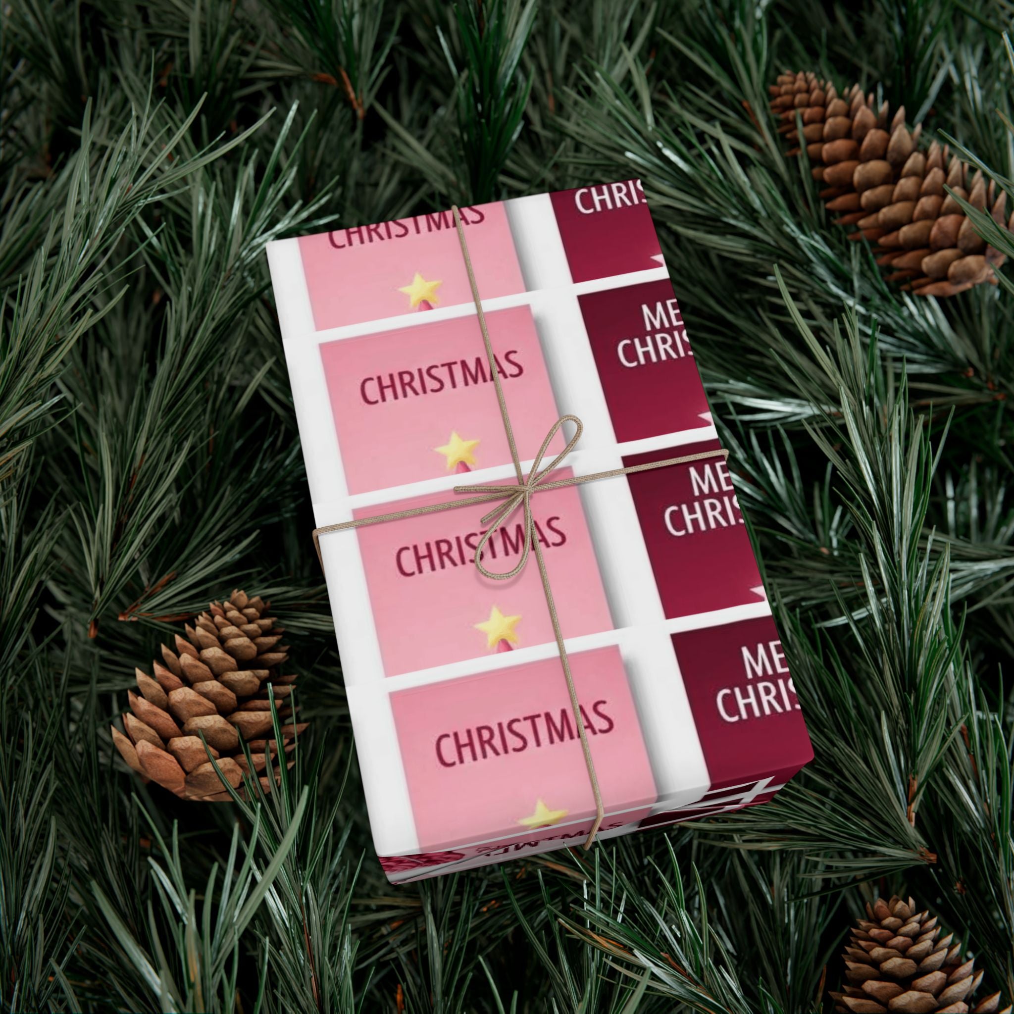 Christmas Gift Wrap Paper - Pink Merry Christmas Star & Tree Holiday Wrapping Sheets