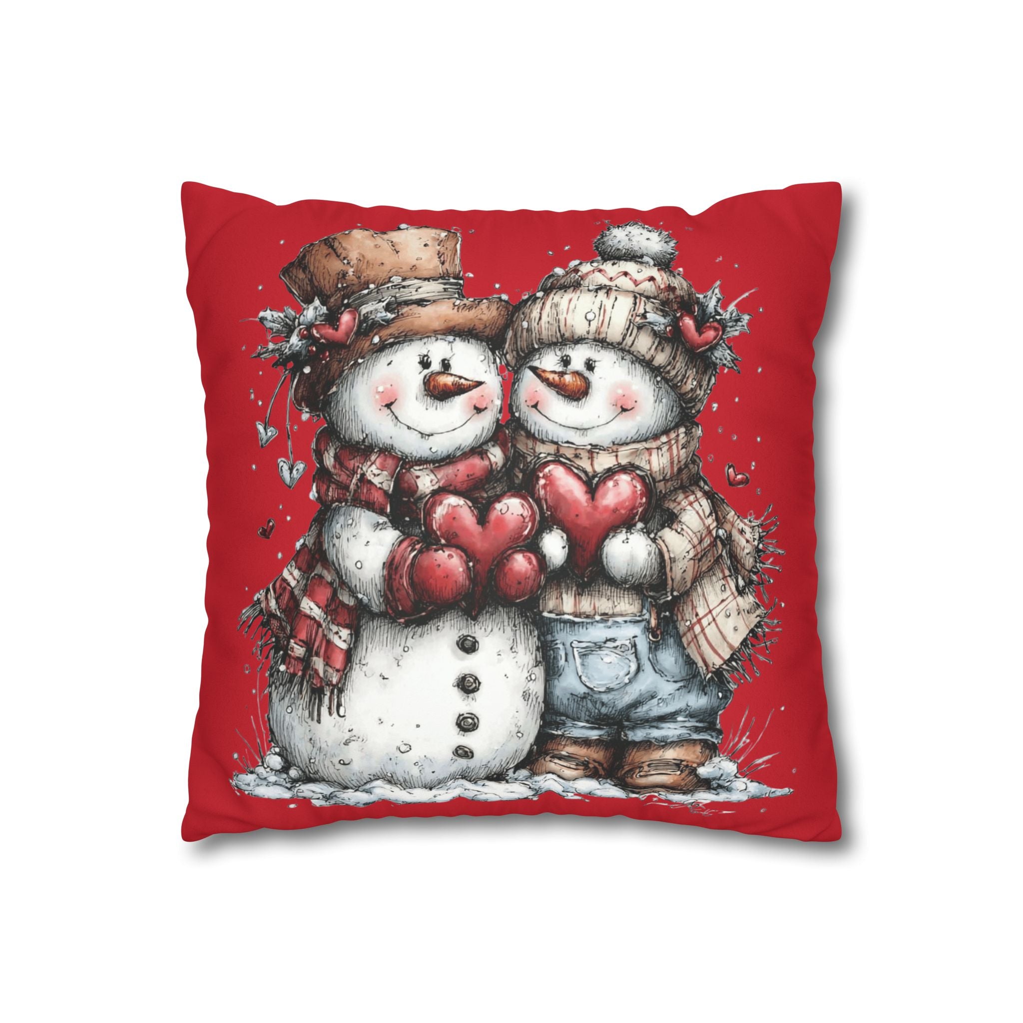 Christmas Snowman Couple Faux Suede Pillowcase CHRISTMAS PILLOW DÉCOR