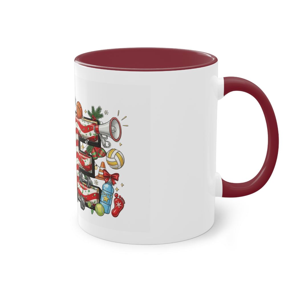 Holiday Sports Mom Coffee Mug Festive 'PE' Candy-Stripe Design, 11oz Two-Tone School Staff Christmas Mug Collection,