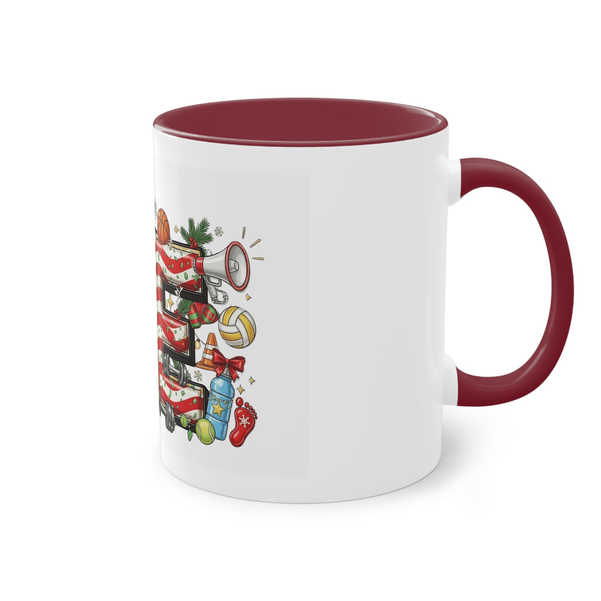 Holiday Sports Mom Coffee Mug Festive 'PE' Candy-Stripe Design, 11oz Two-Tone School Staff Christmas Mug Collection,
