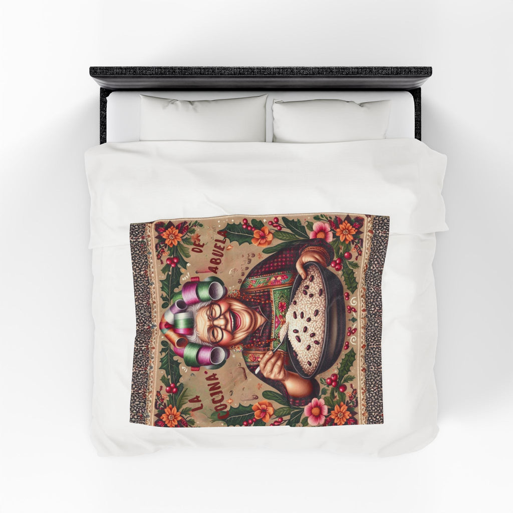 Grandma’s Cocina Velveteen Plush Blanket —Abuela Cooking Illustration Throw