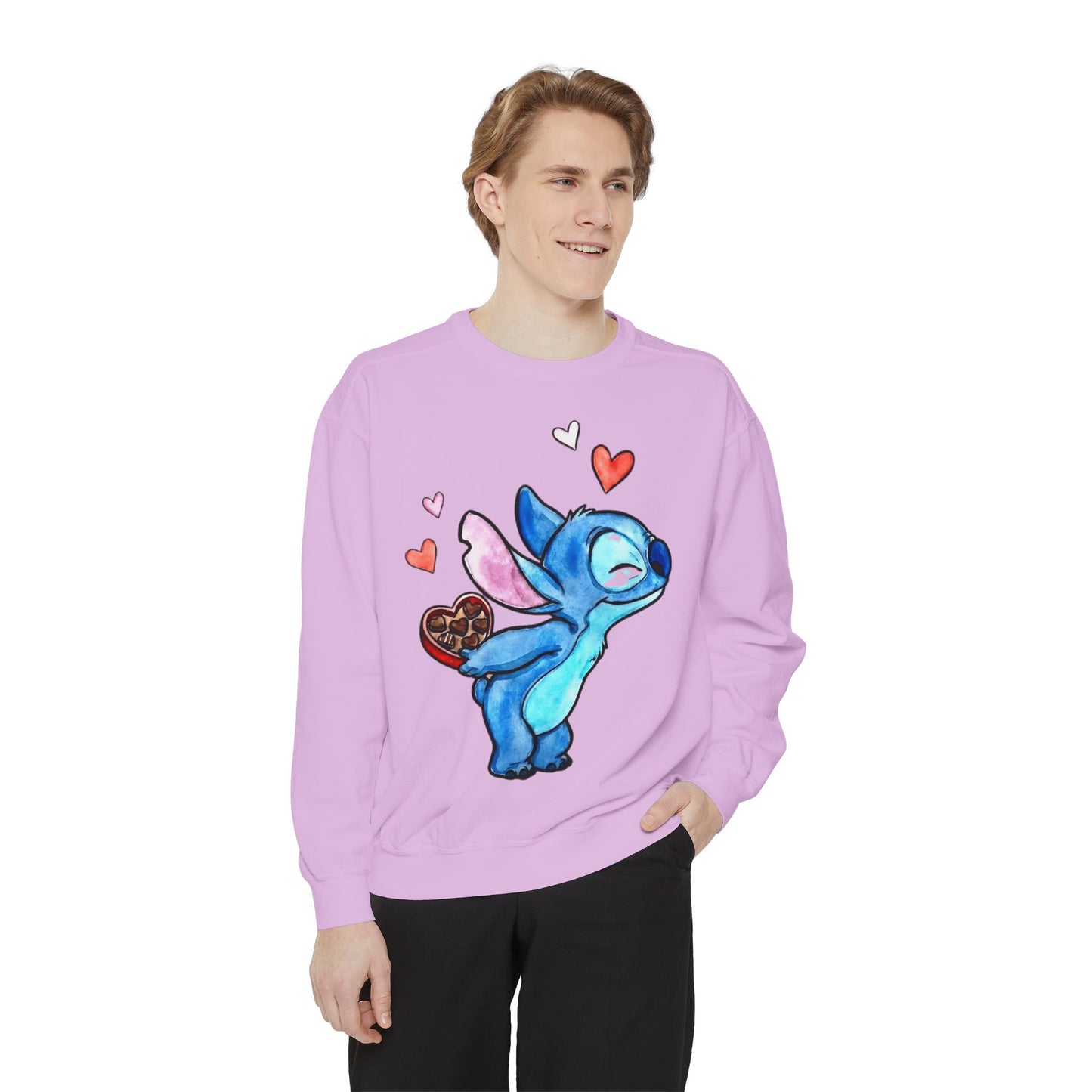 Stitch Valentine Sweatshirt — Cute Blue Alien with Hearts & Chocolate Pocket